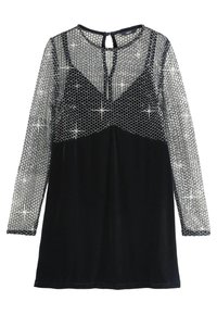 Rochie din catifea neagră cu mâneci lungi din plasă transparentă și strălucitoare și cu corset. Prezintă o închidere la spate tip keyhole și un design ajustat.