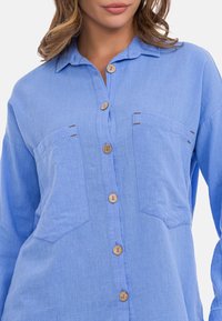 Hellblaues Button-up-Hemd aus weichem Stoff, ausgestattet mit zwei Brusttaschen und Holzknöpfen. Lässige Passform mit Kragen.