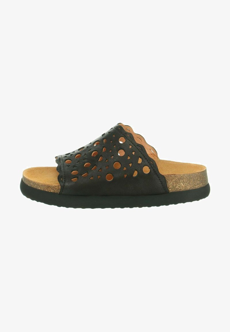 Schwarze Leder-Slidesandale mit ausgeschnittenen Mustern, Korkfußbett, strukturiertem Fußbett und gewelltem Rand. Lässiges Design für einfaches Tragen.
