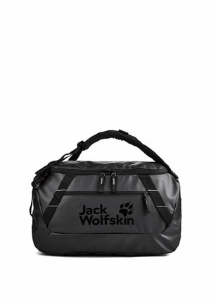 Borsa duffel nera con manici superiori, tasca frontale con cerniera e logo "Jack Wolfskin" con impronta di zampa sul lato.