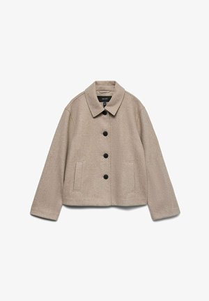 Beige villasekoitetakki, jossa on leveä kaulus, neljä mustaa nappia edessä, kaksi pystysuoraa halkiotaskua ja pitkät hihat.