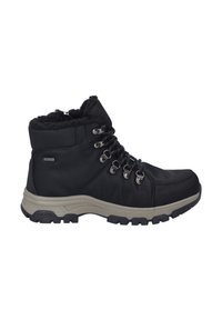Botas negras hasta el tobillo con forro de piel sintética, con ojales de metal plateado y cordones negros. Suela de goma texturizada para tracción y durabilidad.
