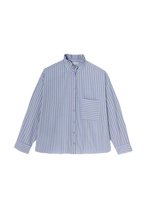 Chemise à boutons, en tissu léger, de couleur violette avec des rayures vertes, à manches longues, col montant, poche poitrine unique avec un motif de rayures assorti.