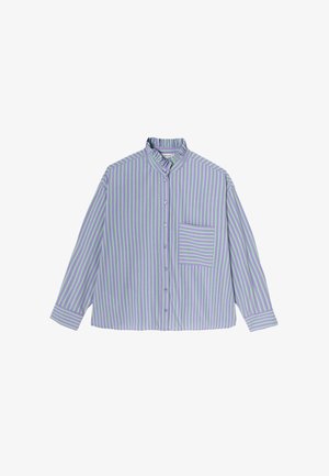 Chemise à boutons, en tissu léger, de couleur violette avec des rayures vertes, à manches longues, col montant, poche poitrine unique avec un motif de rayures assorti.