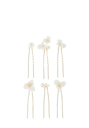 Set aus sieben Haarnadeln mit weißen Blumendesigns und Perlen auf goldenen, gedrehten Drahtbasen. Die Blumen variieren in Form und Größe.