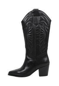 Botte de cowboy noire en cuir, avec des motifs brodés, un bout pointu et un talon épais. La tige a une silhouette haute et ondulée.