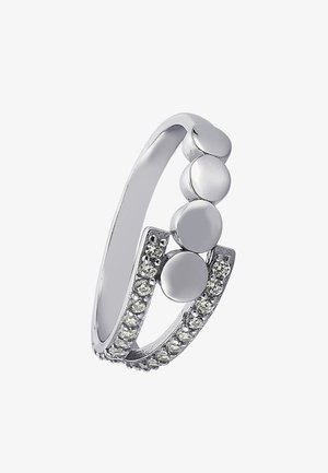 Bague en argent ornée de trois accents circulaires lisses et surélevés, avec un anneau décoré de petites pierres claires le long d'un côté.