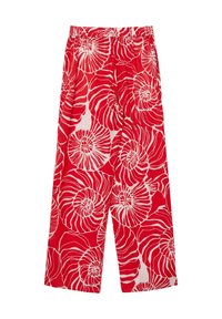 Rote, weite Hosen mit einem weißen Spiralschalenmuster. Der Stoff ist leicht und hat einen elastischen Bund für zusätzlichen Komfort.