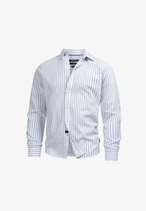 Weißes Langarmhemd mit hellblauen vertikalen Streifen, Knopfleiste vorne und weicher Textur. Verfügt über einen taillierten Kragen und geknöpfte Ärmel.