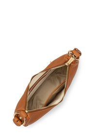 Brown leather clutch bag with a gold zipper, circular hardware detail, and a beige fabric lining inside. Compact and sleek design.