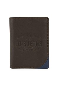Billetera de cuero marrón con nombre de marca en relieve, esquinas redondeadas y acento azul. Presenta un acabado texturizado y costuras visibles.