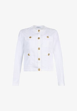 Bela jakna z dolgimi rokavi in okroglim izrezom, štirimi sprednjimi žepi ter zlatimi dekorativnimi gumbi na sredini in na žepih.