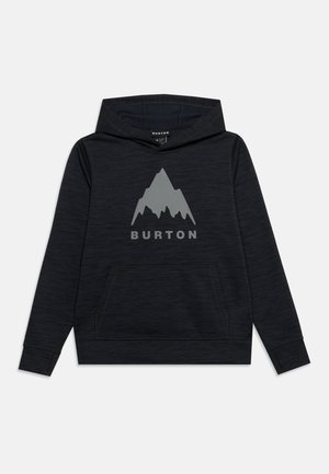 Sweat à capuche noir avec une poche avant et un graphique de montagne gris au-dessus du mot "BURTON" sur la poitrine.