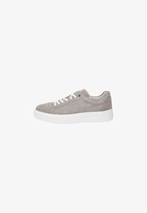 Gray suede sneaker with a white rubber sole, round toe, and white lace-up closure; features a minimal design and subtle stitching details.