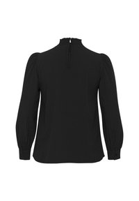 Zwarte blouse met lange, opgezette mouwen, een hoge geplooide halslijn en een sluiting met sleutelkastje aan de achterkant. Textuurstof met een subtiel patroon.
