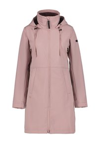 Veste imperméable rose clair avec un col haut, cordons ajustables, deux poches frontales et une fermeture éclair. Texture lisse et design minimaliste.