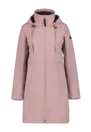 Lichtroze waterdichte jacket met hoge kraag, verstelbare trekkoorden, twee voorkeurszakken en een ritssluiting. Glad van textuur en minimalistisch ontwerp.