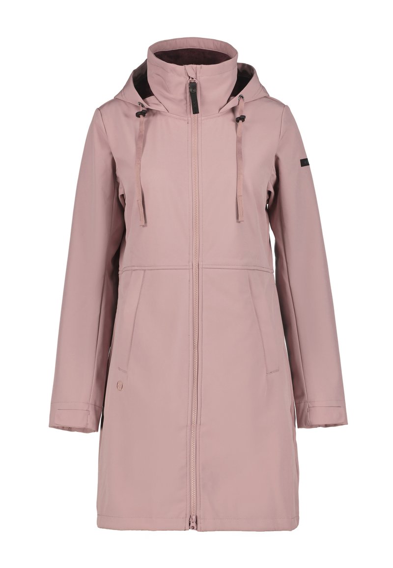 Veste imperméable rose clair avec un col haut, cordons ajustables, deux poches frontales et une fermeture éclair. Texture lisse et design minimaliste.