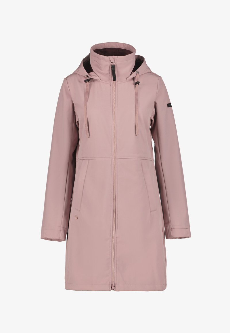 Hellrosa wasserdichte Jacke mit hohem Kragen, verstellbaren Kordelzügen, zwei vorderen Taschen und einem Reißverschluss. Glatte Textur und minimalistisches Design.