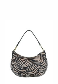 Borsa a stampa zebra con forma arrotondata, colori nero e beige, texture liscia e una singola tracolla nera con dettagli in oro.