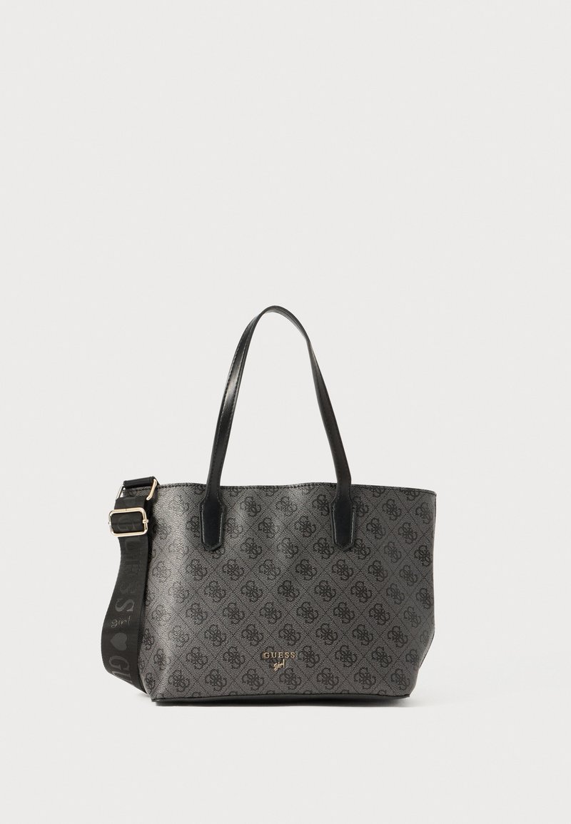 Γκρι τσάντα με σχέδιο, με μαύρες δερμάτινες λαβές, ρυθμιζόμενο λουρί και χρυσή λεπτομέρεια λογότυπου. Υλικό υφάσματος με λεία υφή.