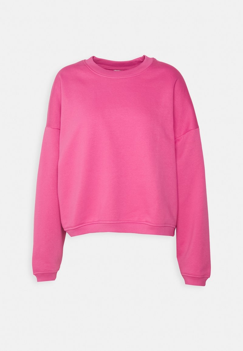 Sudadera recortada rosa con mangas largas, escote redondo y puños y dobladillo acanalados, hecha de material de algodón suave. Sin patrones ni acentos.