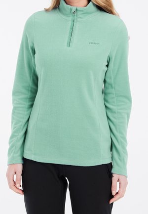 Kobieta w miętowo-zielonej bluzie polarowej z długim rękawem i zamkiem do połowy długości oraz w czarnych spodniach, stojąca na tle białego tła.