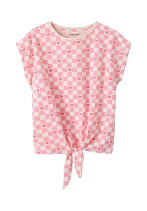 Rosa-weiß kariertes Kurzarmoberteil mit kleinen roten Herzen und einem vorn gebundenen Knoten am Saum.