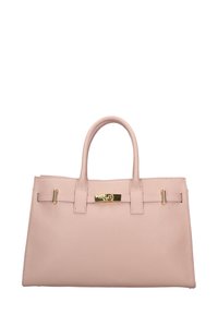 Borsa in pelle color pesca con manici superiori doppi, superficie texturizzata, dettagli in metallo dorato e una cinghia centrale con chiusura.
