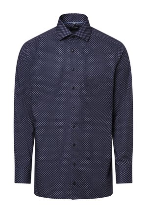 Marinefarbendes Hemd mit geometrischem Muster, lange Ärmel, klassischer Kragen und schwarze Knöpfe. Hergestellt aus einem glatten Material.