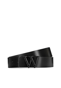 Cinturón de cuero negro con textura suave, que presenta una notable hebilla con el logotipo en relieve "W" y múltiples agujeros para un ajuste ajustable.