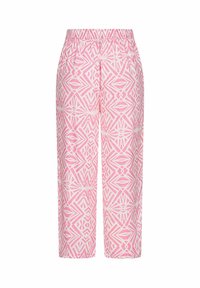 Pantalon rose à motifs avec un design géométrique blanc, doté d'une taille élastique et d'une coupe ample, fabriqué en tissu léger.