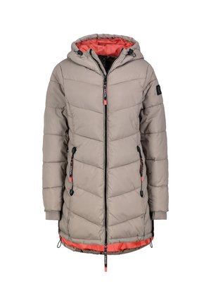 Wattierter langer Mantel in Hellgrau mit einem pinken Innenfutter, Kapuze, verstellbaren Kordeln und Reißverschluss vorne. Mit elastischen Bündchen und Taschen.