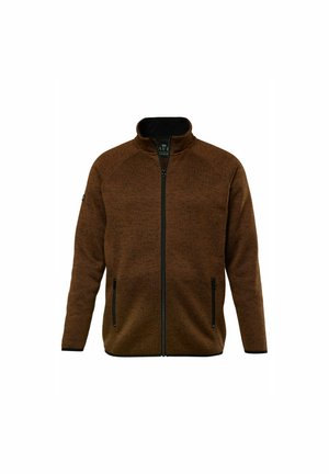 Bruine jack met rits en hoge kraag, met zwarte accenten, twee ritssluitingszakken en een textuurpatroon in de stof.