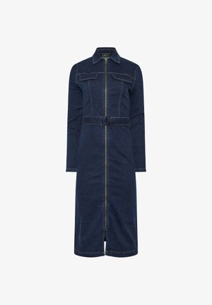 Vestito midi in denim blu scuro a maniche lunghe con cerniera frontale, tasche con patta sul petto, colletto e cintura abbinata con fibbia rotonda.