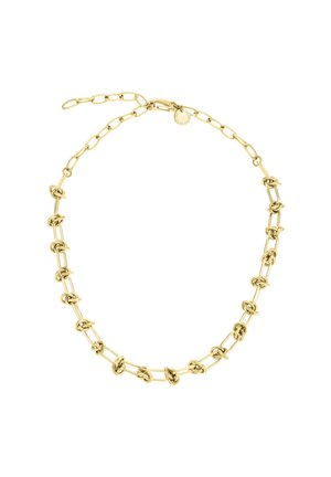 Gouden metalen ketting met schakels en knoopaccenten, voorzien van een verstelbare sluiting en een klein logotag.
