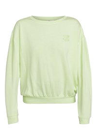 Light green pullover sweatshirt with long sleeves, ribbed cuffs, and a gathered hem. Features a subtle floral embroidery on the chest.