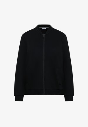 Giacca nera con zip e colletto alto, realizzata in un tessuto liscio. Presenta tasche laterali e polsini a costine, offrendo una vestibilità rilassata.
