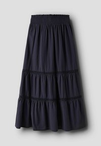 Jupe plissée navy avec une taille smockée, comportant trois niveaux accentués par une bordure en dentelle circulaire. Fabriquée en matériau léger.