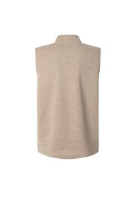 Top senza maniche beige con alta collana, realizzato in un morbido tessuto testurizzato. Presenta un orlo arrotondato e un design pulito e semplice.
