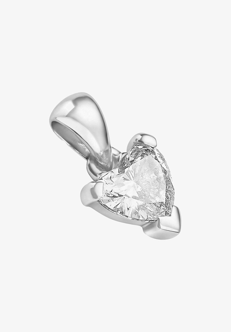 Sydänmuotoinen timanttikaulaketju, jossa on kiillotettu hopeinen kehys, prongikehyksillä koristeltuina ja sileällä ripustuskoukkulla kaulaketjun kiinnittämistä varten.