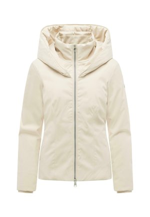 Veste d'hiver pour femme de couleur crème avec une grande capuche et une fermeture éclair frontale.