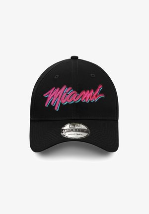 Black adjustable cap featuring embroidered "Miami" in pink and blue script. Curved visor and textured fabric complete the design.