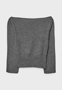 Szary sweter typu off-the-shoulder, wykonany z miękkiego materiału dzianinowego. Posiada krótki krój z szerokimi, długimi rękawami oraz prążkowanym wykończeniem.