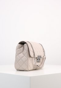 Borsa beige trapuntata con tracolla in catena argentata e chiusura metallica. Materiale in pelle morbida con una forma strutturata e un leggero lucido.
