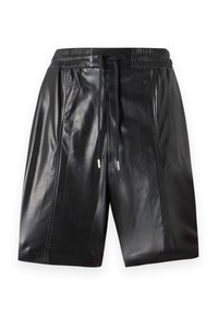 Zwarte leren shorts met een elastische tailleband, trekkoorddetails en zijnaad. Glad textuur met een glanzende afwerking.