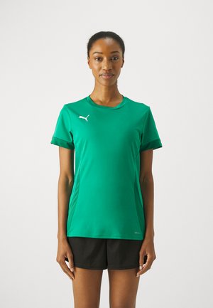 Zelena sportska majica od prozračnog materijala, s kratkim rukavima i okruglim izrezom. Bijeli logo na prsima, bočne mrežaste panele.