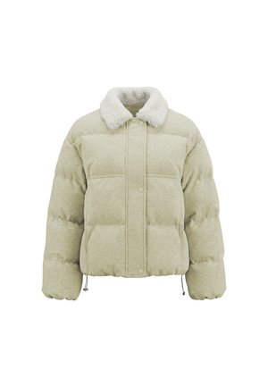 Lyse beige dunjakke med quiltede sektioner, tryk-knap lukning foran, justerbar snor i kanten og hvid falsk pelskrave.