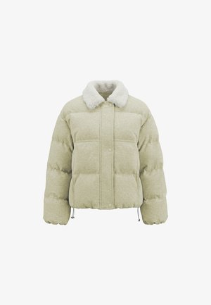Lyse beige dunjakke med quiltede sektioner, tryk-knap lukning foran, justerbar snor i kanten og hvid falsk pelskrave.