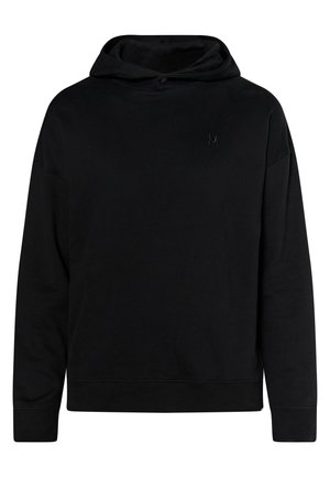 Schwarzer Hoodie aus weichem Stoff, mit Kängurutasche, Kapuze mit Kordelzug und gesticktem Logo auf der Brust. Lange Ärmel.